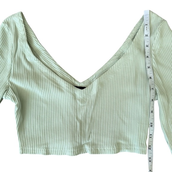Ribbed V Neck Long Sleeve Crop Top Mint Large - Picture 5 of 6